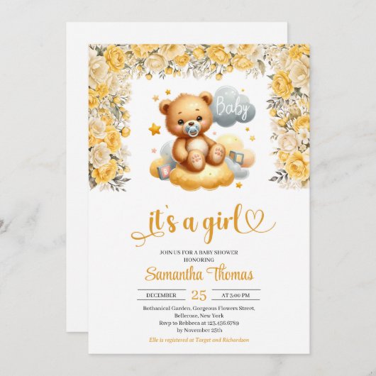 女の子テディベア黄色の花の女の子の赤ちゃんシャワー 招待状
