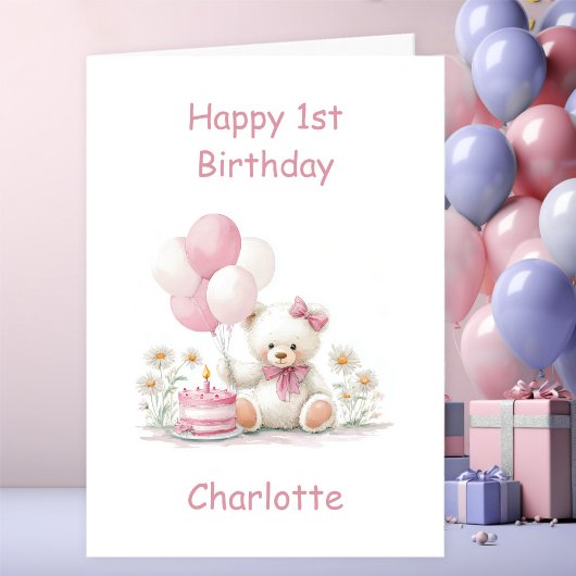 女の子テディベア1歳の誕生日 カード