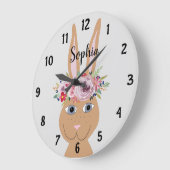 女の子トレンディーフローラ水色うさぎと名前 ラージ壁時計 (傾斜)