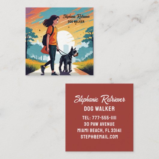 女の子ドッグウォーカーペットシッターinオレンジTシャツ スクエア名刺 (正面/裏面)