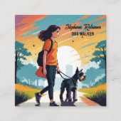 女の子ドッグウォーカーペットシッターinオレンジTシャツ スクエア名刺 (正面)