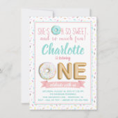 女の子ドーナツ箔バルーン1st誕生日パーティー 招待状 (正面)