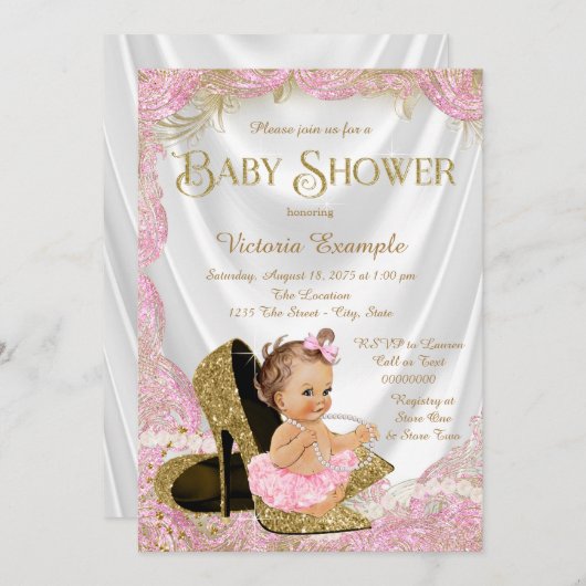 女の子ハイヒールシューズ真珠ベビーシャワー 招待状 (正面/裏面)