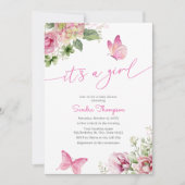 女の子バタフライフローラ赤ちゃんシャワー 招待状 (正面)