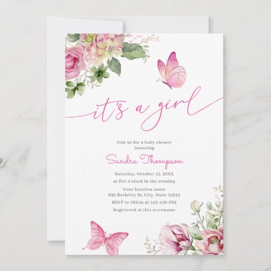 女の子バタフライフローラ赤ちゃんシャワー 招待状 (正面)