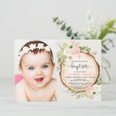 女の子バプテスウッドランドピンクの白いフローラ写真 招待状 (スタンド正面)