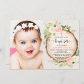 女の子バプテスウッドランドピンクの白いフローラ写真 招待状 (正面/裏面)