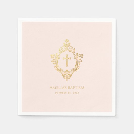 女の子バプテスピエレガントンク金ゴールドクロスヴィンテージクレスト スタンダードカクテルナプキン (正面)