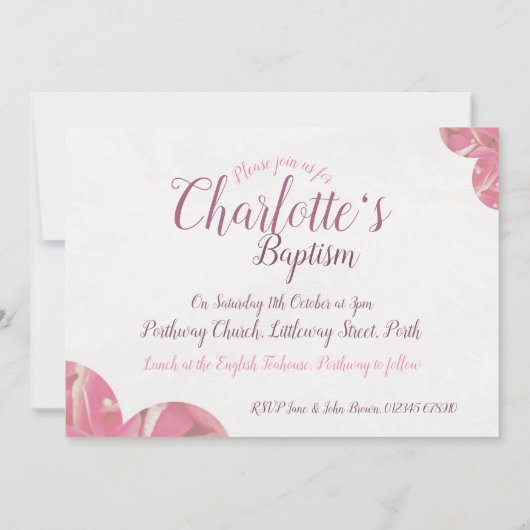 女の子バプテスピンクと白の花招待状 招待状 (裏面)