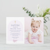 女の子バプテスマありがとう写真とピンクボウテーマ 招待状 (スタンド正面)
