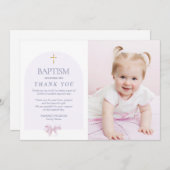 女の子バプテスマありがとう写真とピンクボウテーマ 招待状 (正面/裏面)