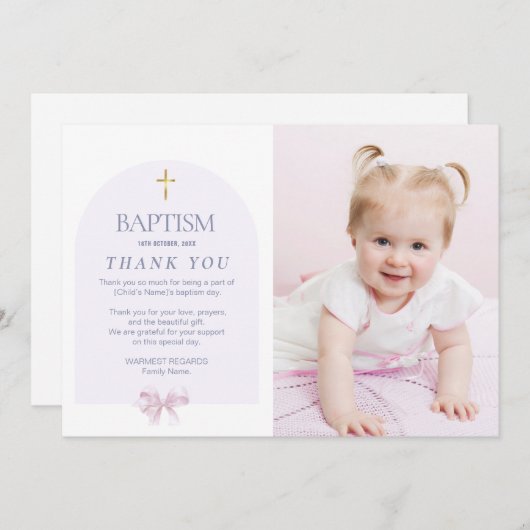 女の子バプテスマありがとう写真とピンクボウテーマ 招待状 (正面/裏面)