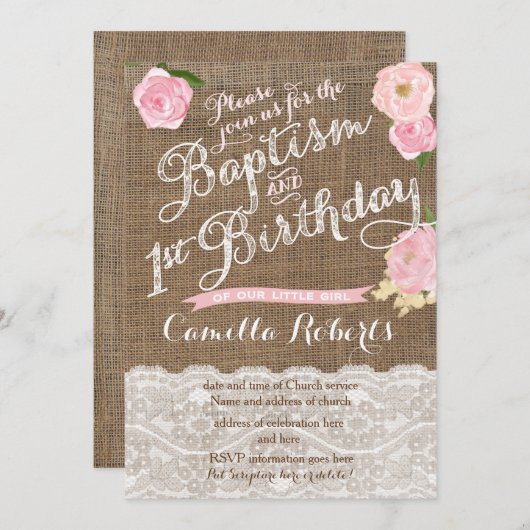 女の子バプテスマの誕生日招待状，ピンクの洗礼 招待状 (正面/裏面)