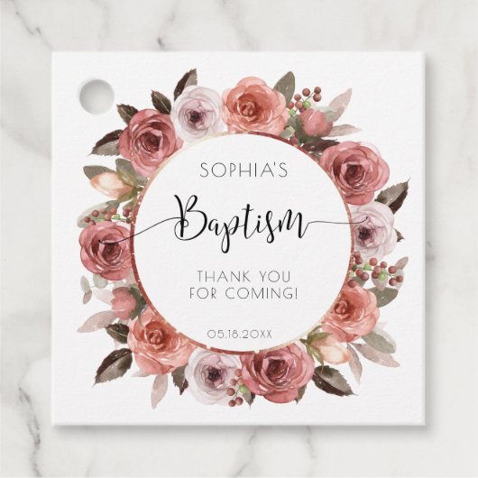 女の子バプテスマバラ金ゴールド、赤面フローラありがとう フェイバータグ (正面)