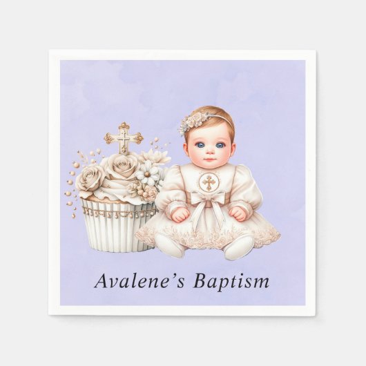 女の子バプテスマ付きホワイトクロスカッケ スタンダードカクテルナプキン (正面)