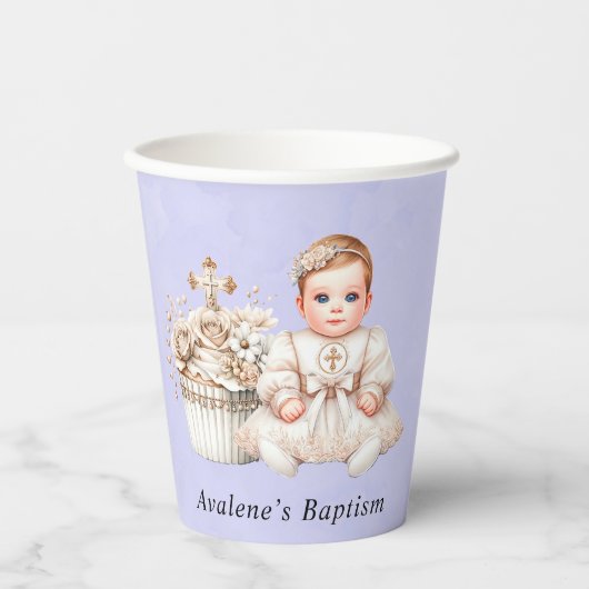 女の子バプテスマ付きホワイトクロスカッケ 紙コップ (正面)