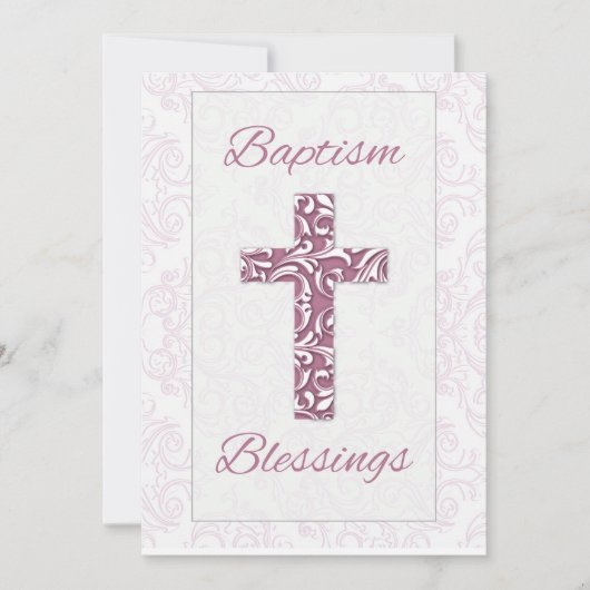 女の子バプテスマ恵みピンククロスダマスクスワーズ 招待状 (正面)