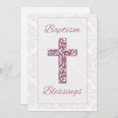 女の子バプテスマ恵みピンククロスダマスクスワーズ 招待状 (正面/裏面)