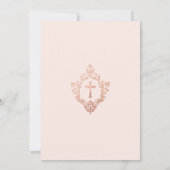 女の子バプテスマ赤面ピンクローズ金ゴールドクロスインクレスト 招待状 (裏面)