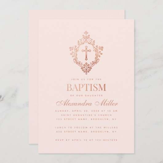 女の子バプテスマ赤面ピンクローズ金ゴールドクロスインクレスト 招待状 (正面/裏面)