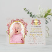 女の子バプテスマ1st誕生日フォトピンクの蘭の金ゴールド 箔招待状 (立ち正面)