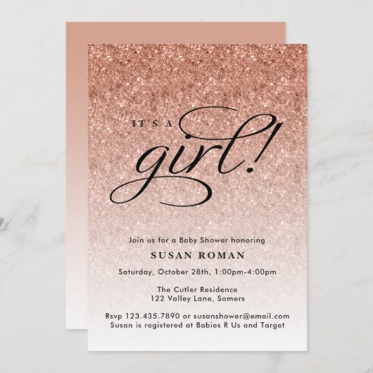 女の子バラ金ゴールドグラデーショングリッターベビーシャワー 招待状 (正面/裏面)