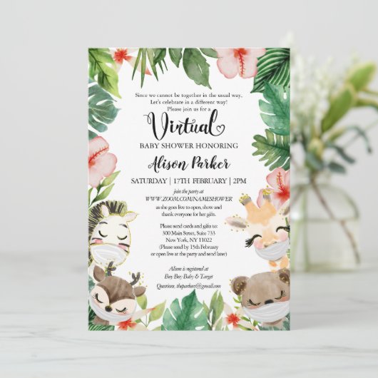 女の子バーチャルベビーシャワー |マスクされたSafariの友だち 招待状 (スタンド正面)