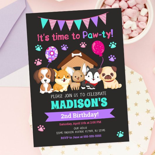 女の子パピー誕生日パーティーの招待状 招待状