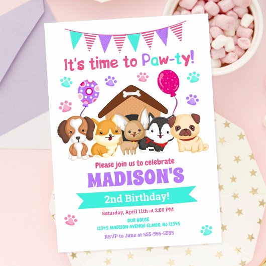 女の子パピー誕生日パーティーの招待状 招待状