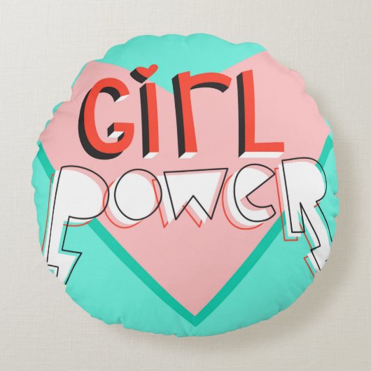 女の子パワー。カワイイデザインと鮮やかなスローガン ラウンドクッション (正面)