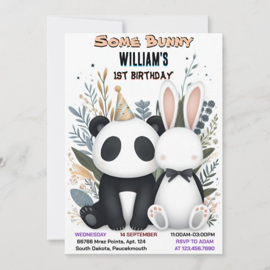 女の子パンダいくつかのバニーが1歳の誕生日を回している 招待状 (正面)