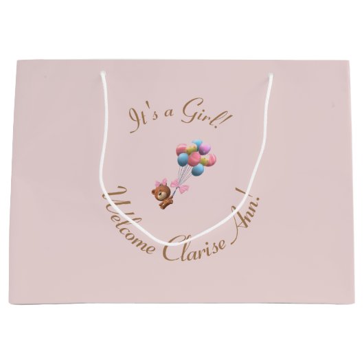 女の子パーソナライズされたかわいいクマと風船 ラージペーパーバッグ (正面)