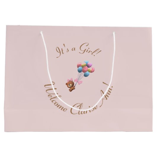 女の子パーソナライズされたかわいいクマと風船 ラージペーパーバッグ (裏面)