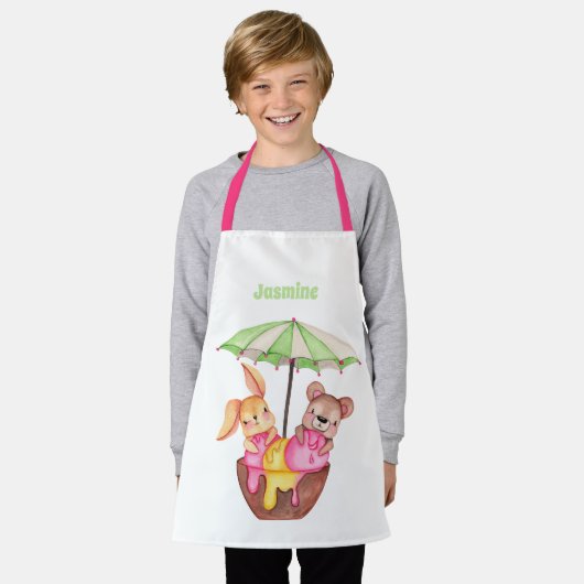 女の子パーソナライズされたかわいい動物アイスクリームボウルおもしろい エプロン (着用した状態)