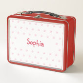 女の子パーソナライズされたの名前ピンク星レッドスクール メタルランチボックス (正面)