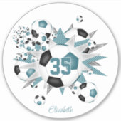 女の子パーソナライズされたサッカーボール星ティール(緑がかった色)ブラック シール (正面)