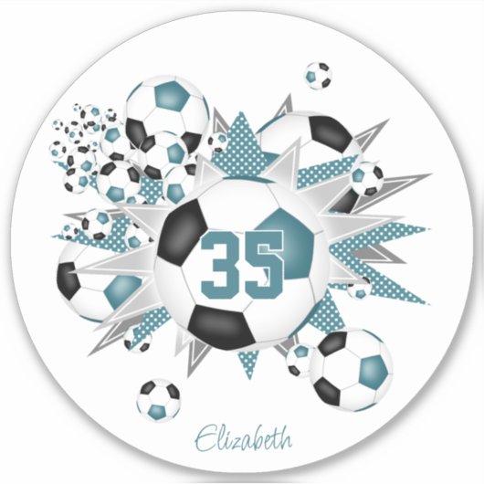 女の子パーソナライズされたサッカーボール星ティール(緑がかった色)ブラック シール (正面)