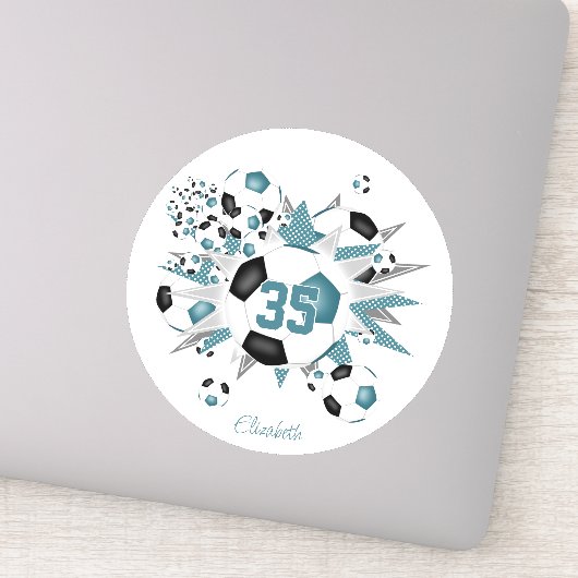 女の子パーソナライズされたサッカーボール星ティール(緑がかった色)ブラック シール (詳細)