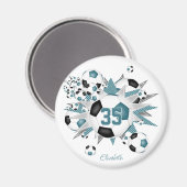 女の子パーソナライズされたサッカーボール星ティール(緑がかった色)ブラック マグネット (正面/裏面)