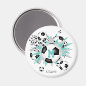 女の子パーソナライズされたサッカーボール星ライトティール(緑がかった色) マグネット (正面/裏面)