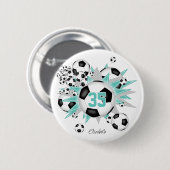 女の子パーソナライズされたサッカーボール星ライトティール(緑がかった色) 缶バッジ (正面&裏面)