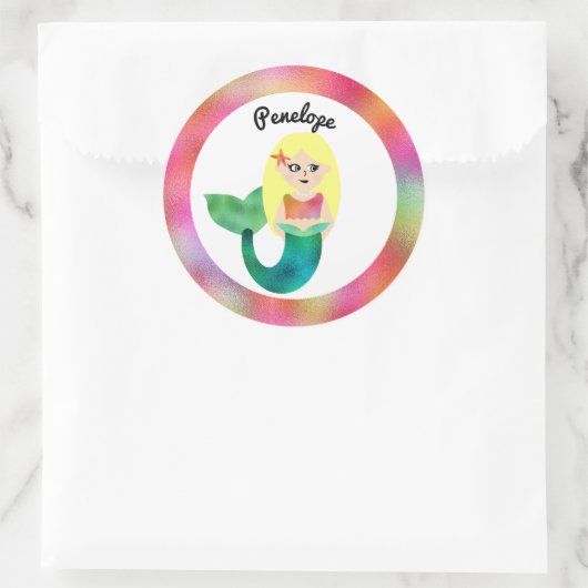 女の子パーソナライズされたブロンドフェイクフォイルマーメイドピンク ラウンドシール (バッグ)