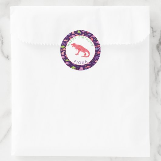 女の子パーソナライズされた恐竜の誕生日パーティーパターン ラウンドシール (バッグ)