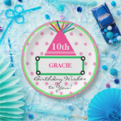 女の子パーティーハットグリーンピンク水玉模様名 ペーパープレート (パーティー)