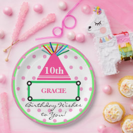 女の子パーティーハットグリーンピンク水玉模様名 ペーパープレート