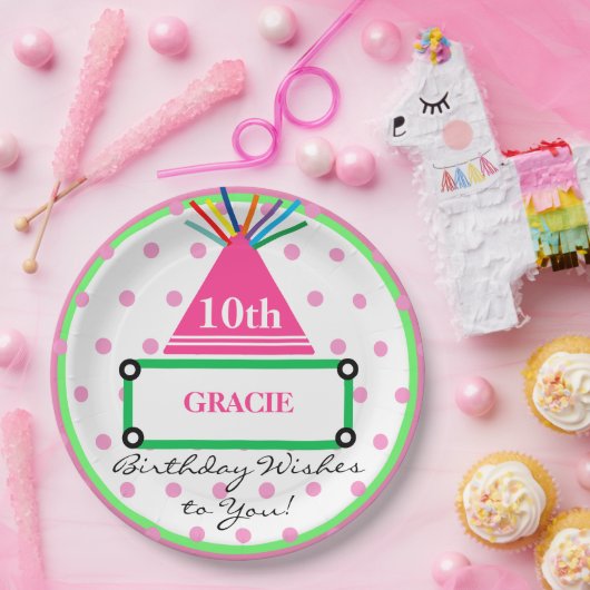 女の子パーティーハットグリーンピンク水玉模様名 ペーパープレート (パーティー)