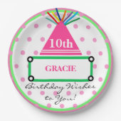 女の子パーティーハットグリーンピンク水玉模様名 ペーパープレート (正面)