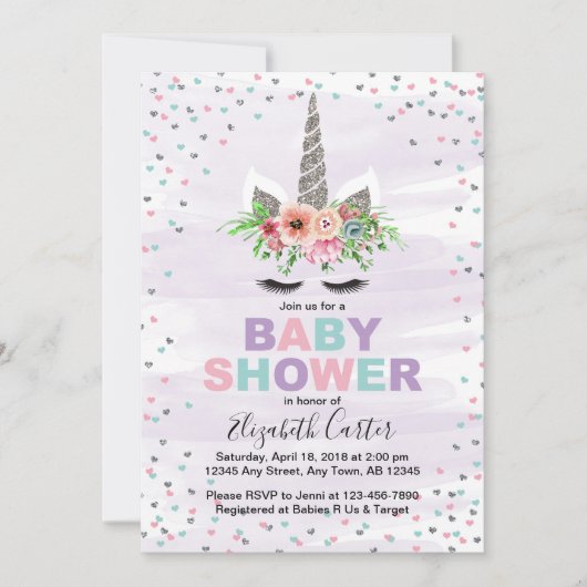 女の子パープルへのユニコーンの赤ちゃんシャワー招待 招待状 (正面)