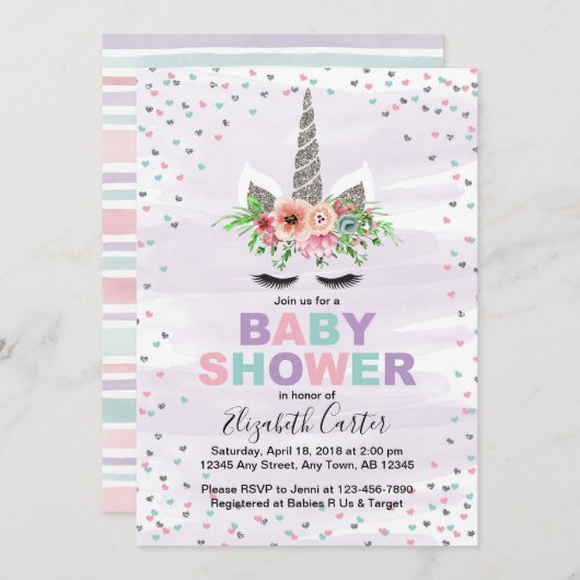女の子パープルへのユニコーンの赤ちゃんシャワー招待 招待状 (正面/裏面)