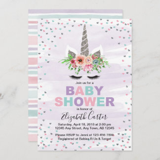 女の子パープルへのユニコーンの赤ちゃんシャワー招待 招待状
